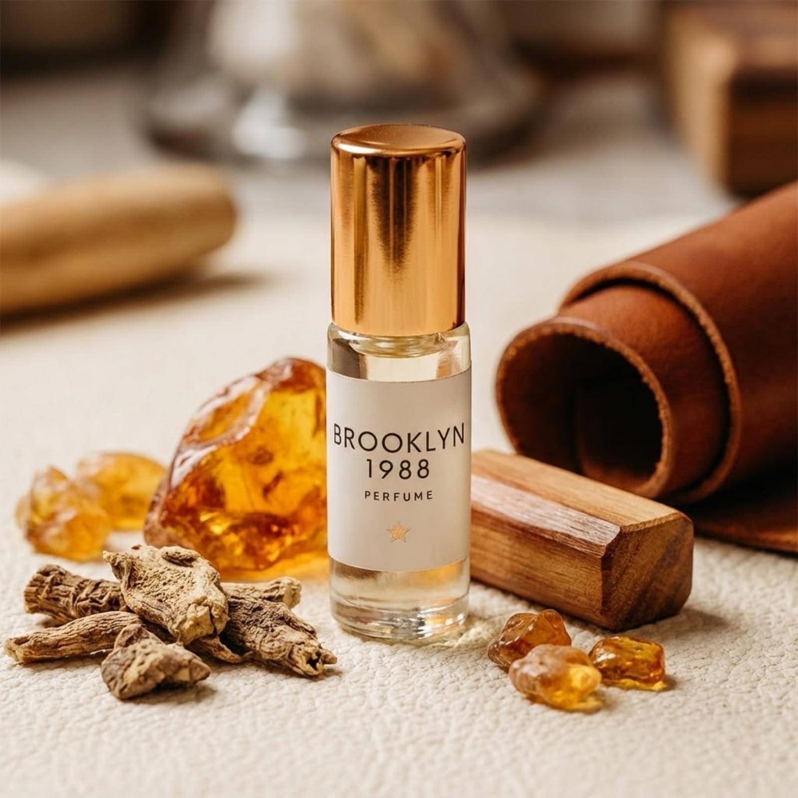 Mélange artisanal ambre-orris-santal cuir: Olivine Atelier, parfum riche et sophistiqué.