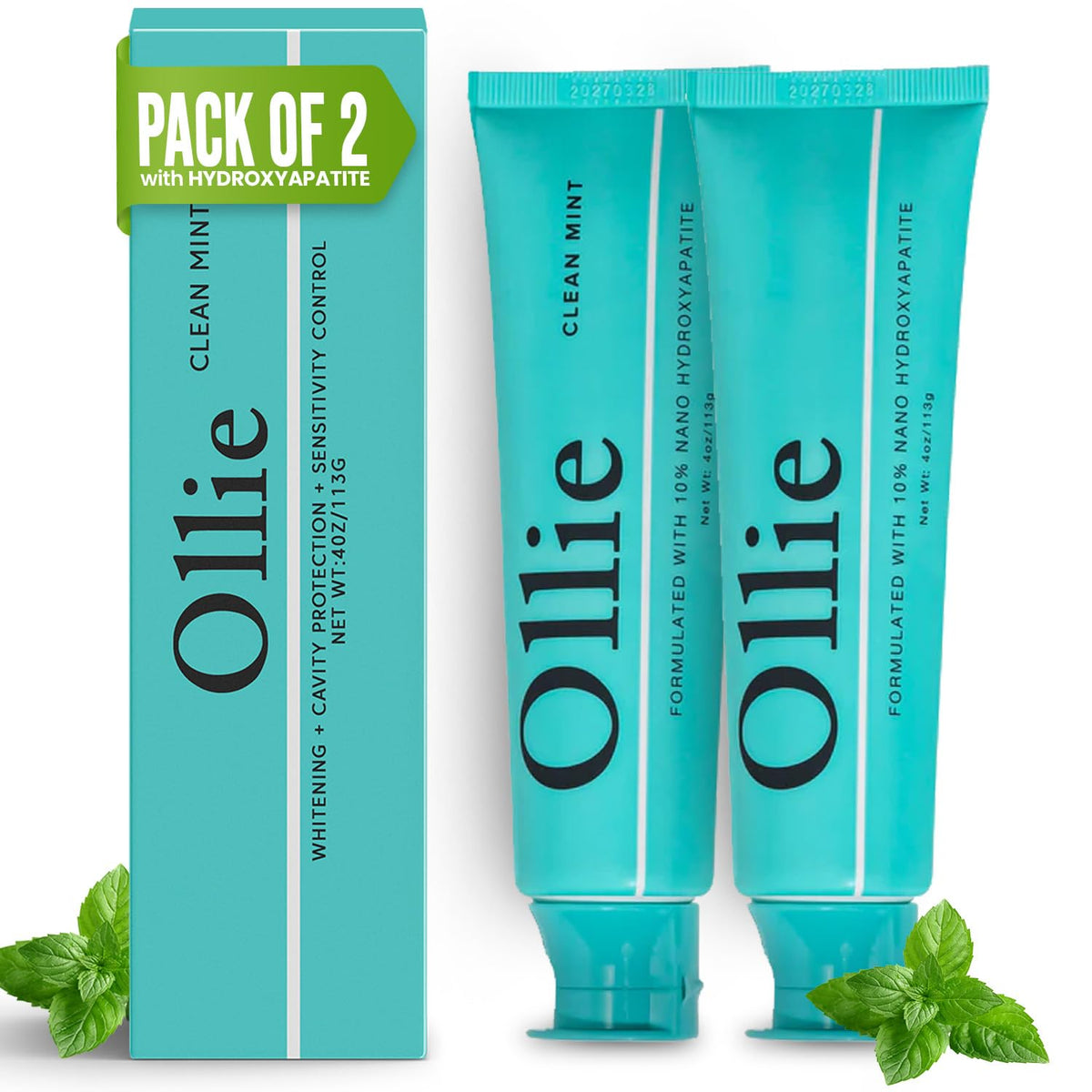 Ollie Clean Mint, emballage élégant, dentifrice nano-hydroxyapatite pour l'hygiène bucco-dentaire.