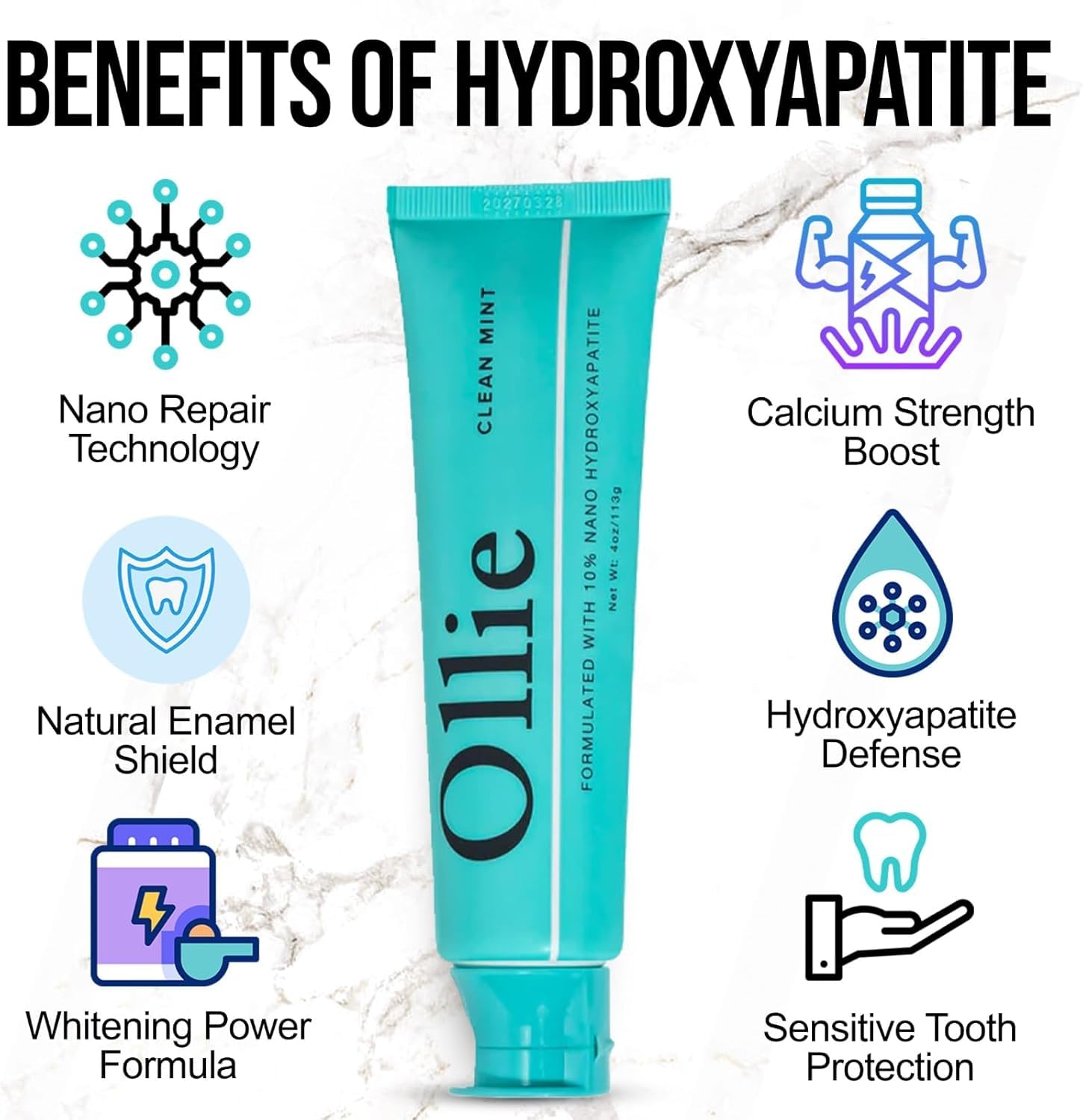 Ollie Clean Mint Nano Hydroxyapatite, tube 120ml, fraîcheur mentholée et nettoyage en douceur