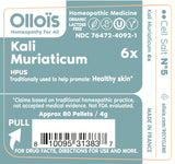 OLLOÏS Kali Muriaticum, boite de pellets, usage pratique dans les remèdes à base de sels minéraux.