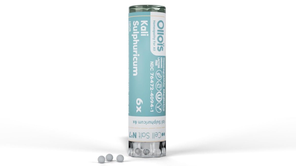 Flacon OLLOÏS Kali Sulphuricum avec granules, sans lactose et sans gluten, pour tous les profils.
