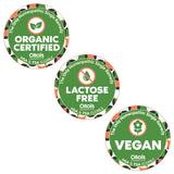 Étiquette végan OLLOÏS sans lactose et gluten pour un mode de vie responsable.