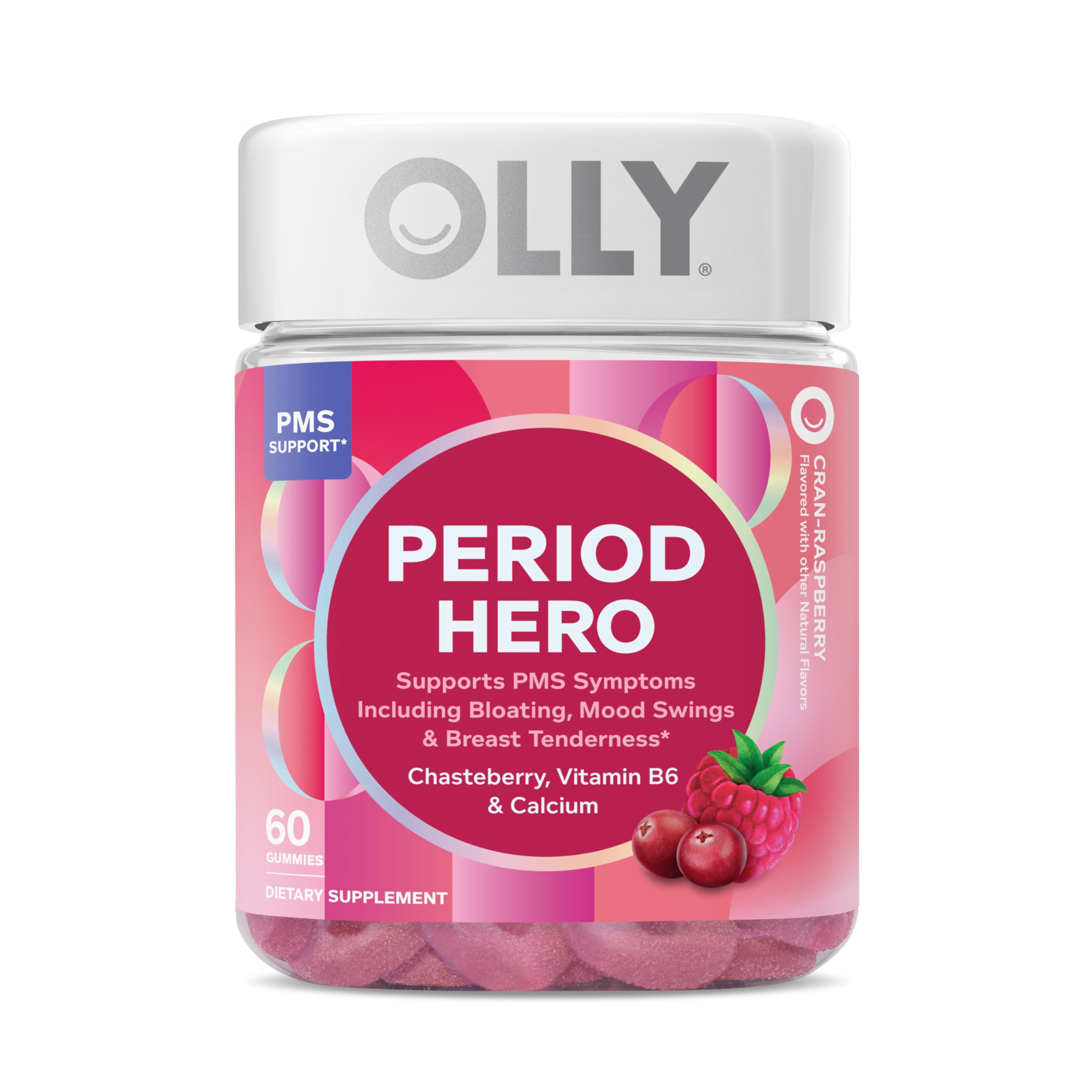 OLLY Period Hero Gommes, bouteille de 60 gommes, soutien PMS potentiel.
