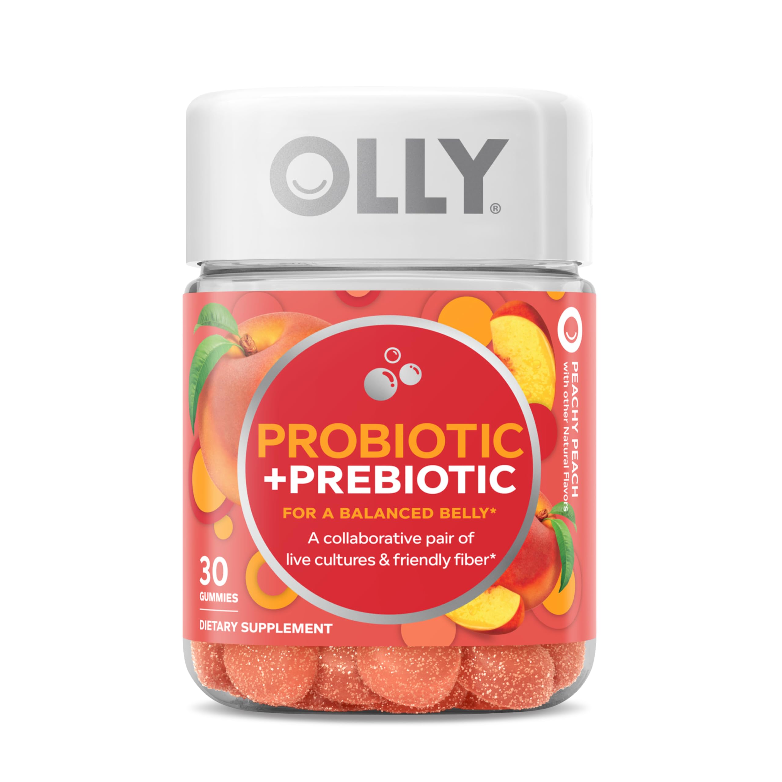 OLLY Probiotique + Prebiotique Gomme en bouteille soutenant l'équilibre digestif.