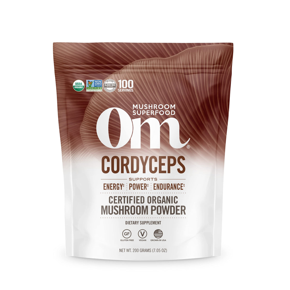 OM Mushroom Cordyceps Poudre dans le bocal, énergie naturelle pour l’entraînement.