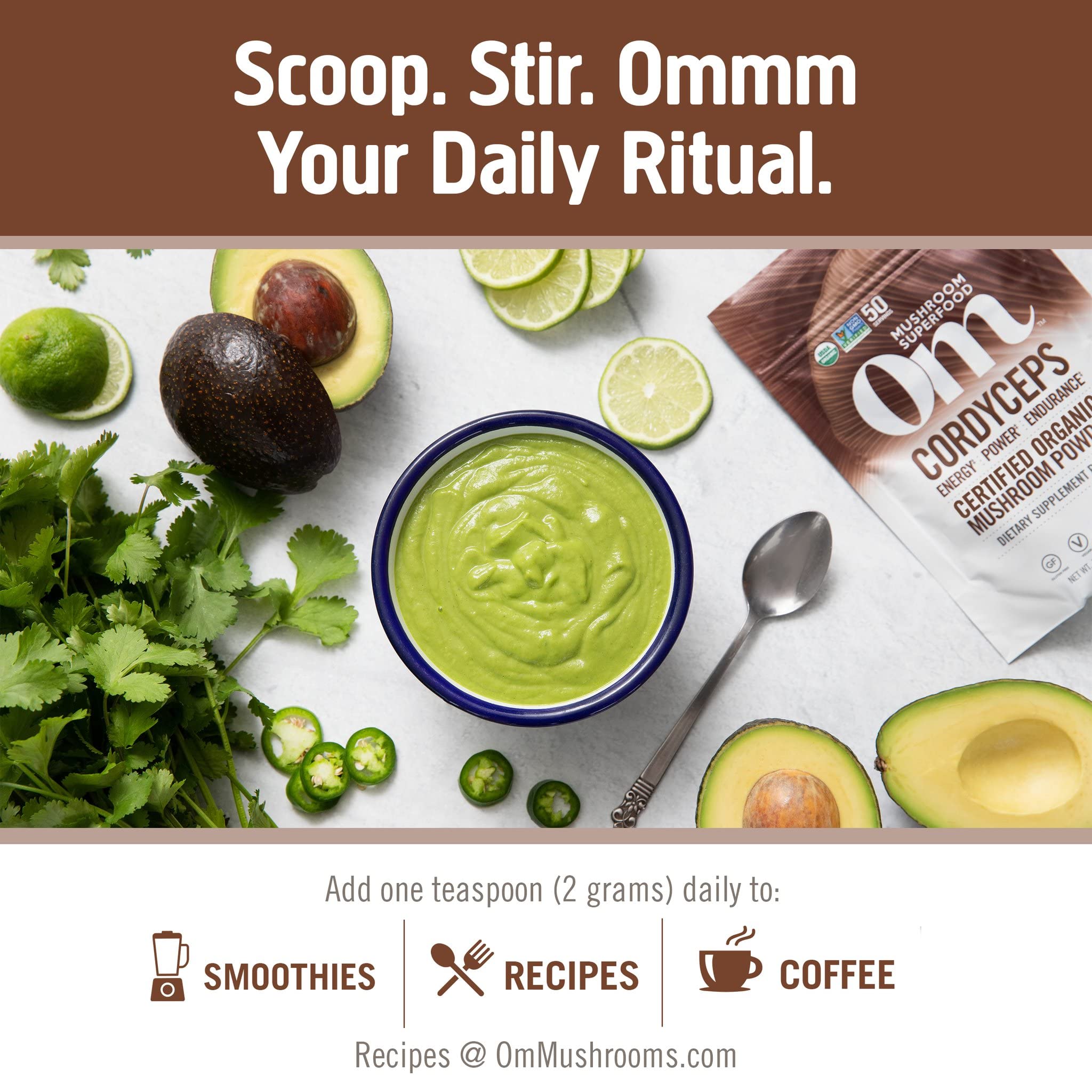 Smoothie énergisant avec Cordyceps OM, boost léger et durable.