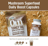 Étiquette-certifications OM MUSHROOM Tramète versicolore, contrôles tiers pour pureté.