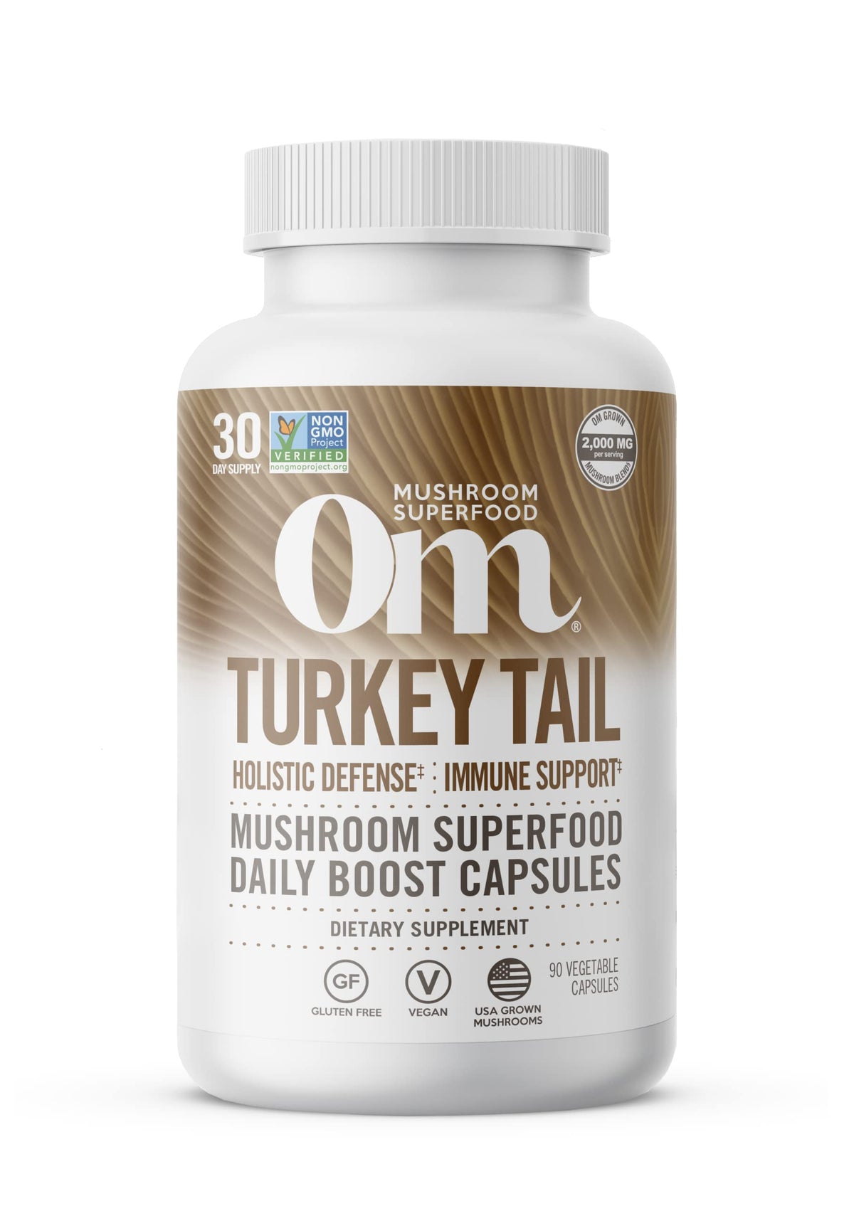 Gélules OM MUSHROOM Tramète versicolore en bouteille pour un soutien immunitaire possible.