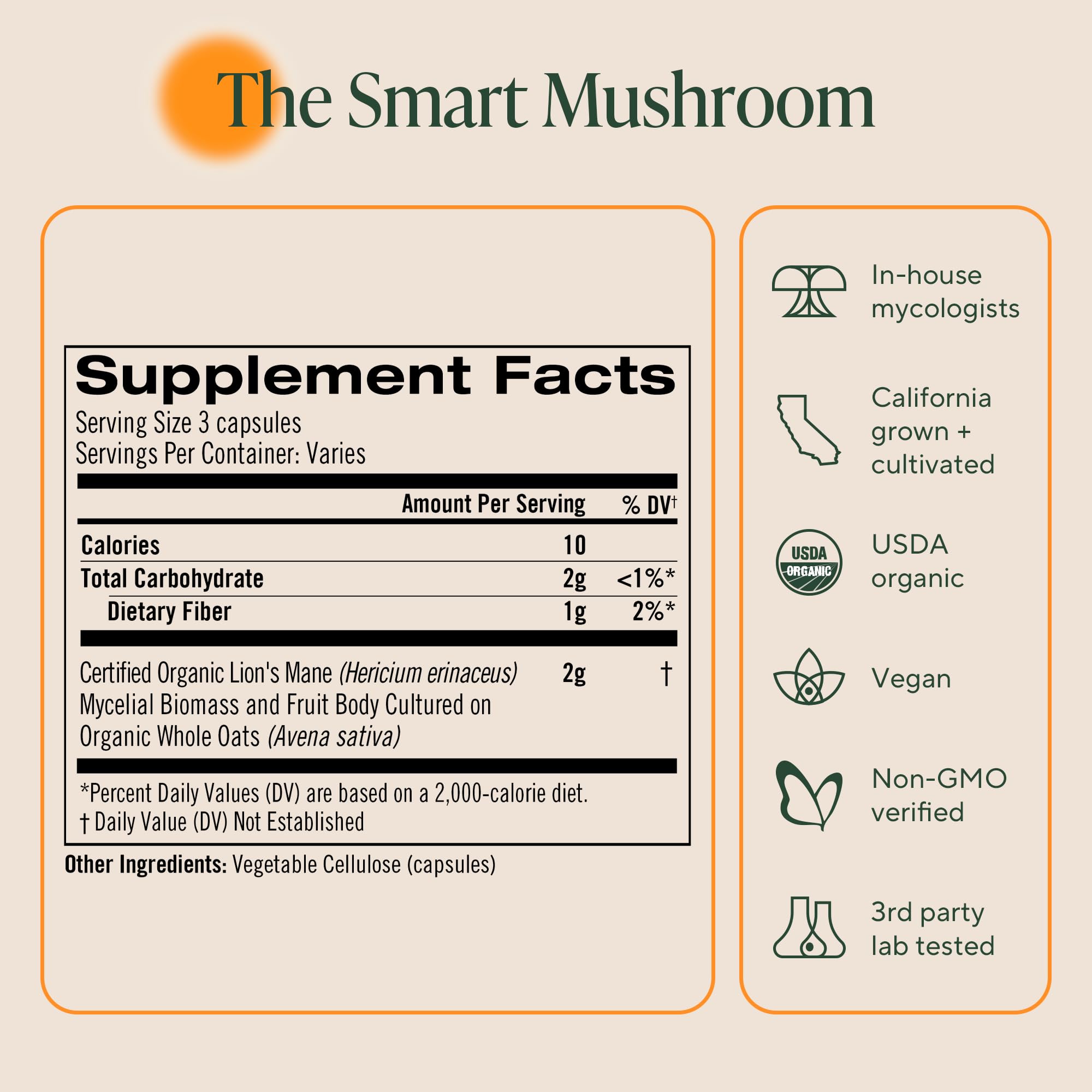 Étiquette OM MUSHROOM CRINIÈRE DE LION clairement indiquant les informations produit.
