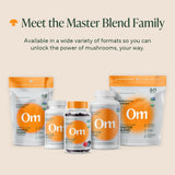 Emballage bio d'Om Master Blend témoignant d'un engagement envers la qualité biologique.