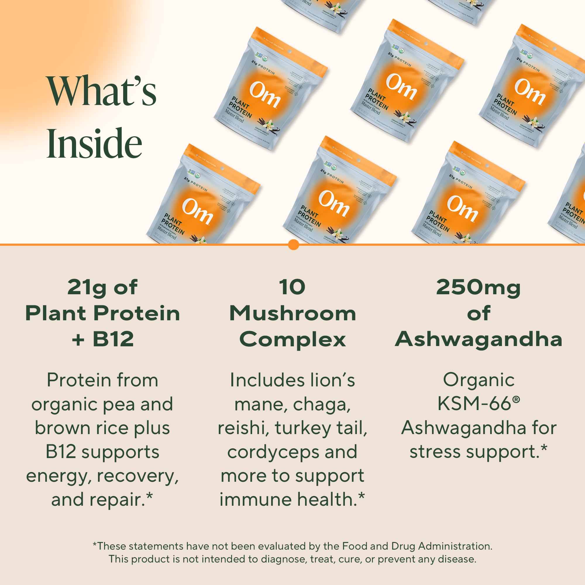 OM MUSHROOM SUPERFOOD Master Blend Vanilla: ensemble champignons pour un soutien nutritionnel varié.