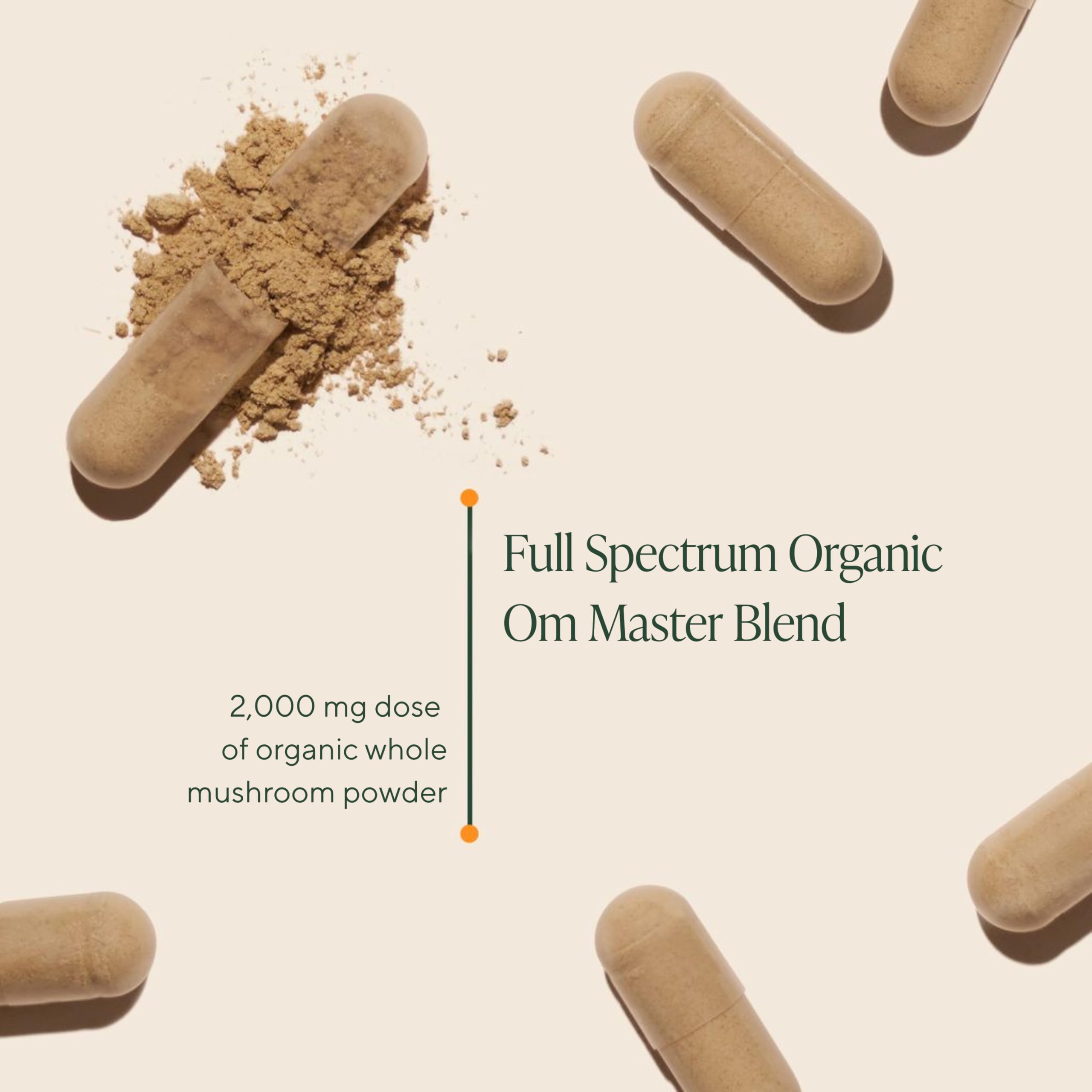 Étiquette claire d'Om Master Blend indiquant 10 champignons et Ashwagandha pour l'utilisation.