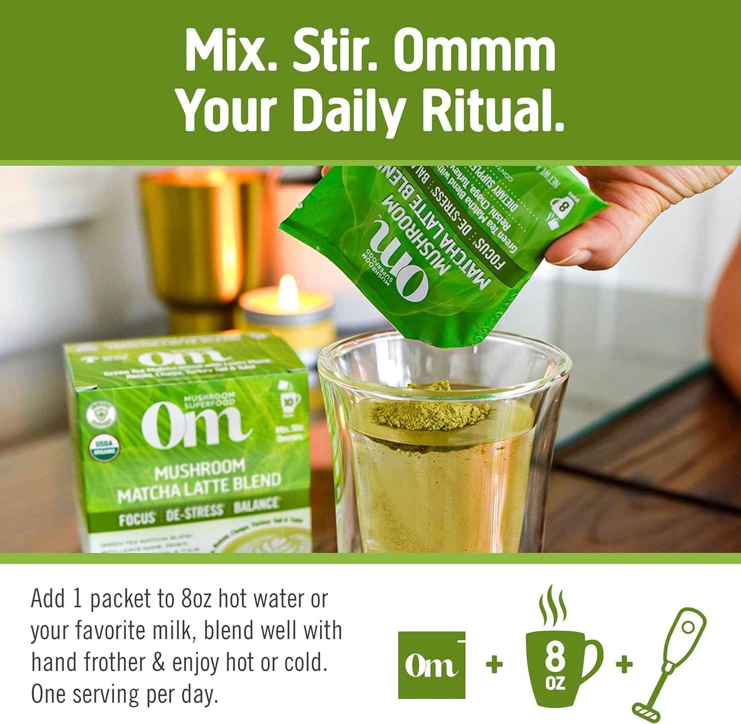 OM MUSHROOM MELANGE-MATCHA CREMEUX : latte onctueux et aromatique.