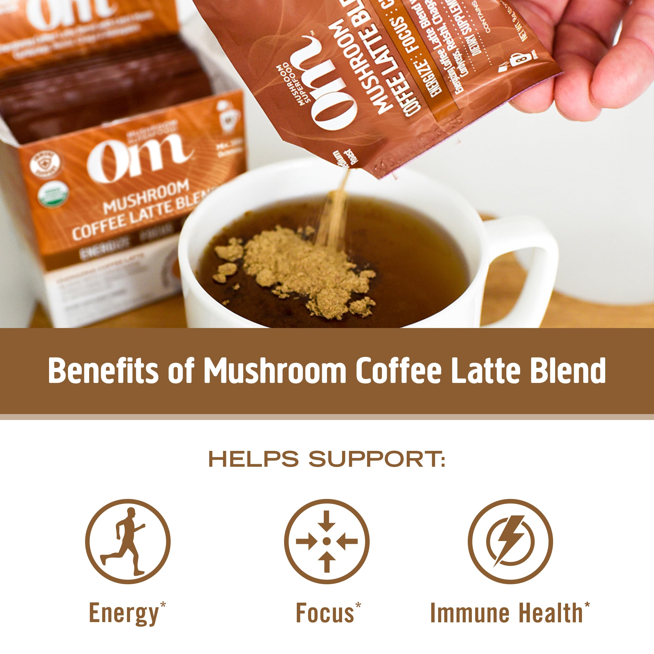 Boîte OM MUSHROOM SUPERFOOD latte prête à préparer rapidement.