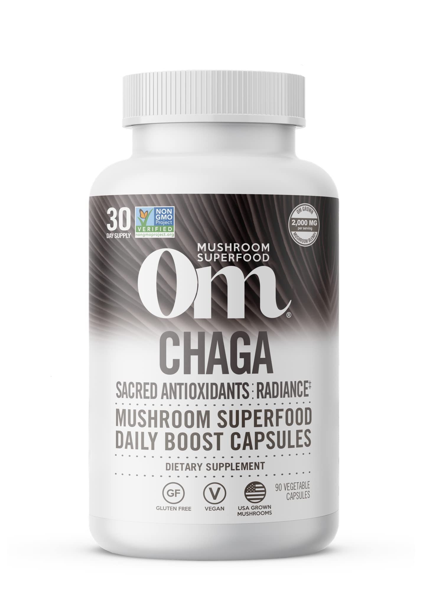 Om Mushroom Superfood chaga capsules : présentation pratique en bouteille pour l'apport antioxydant quotidien.