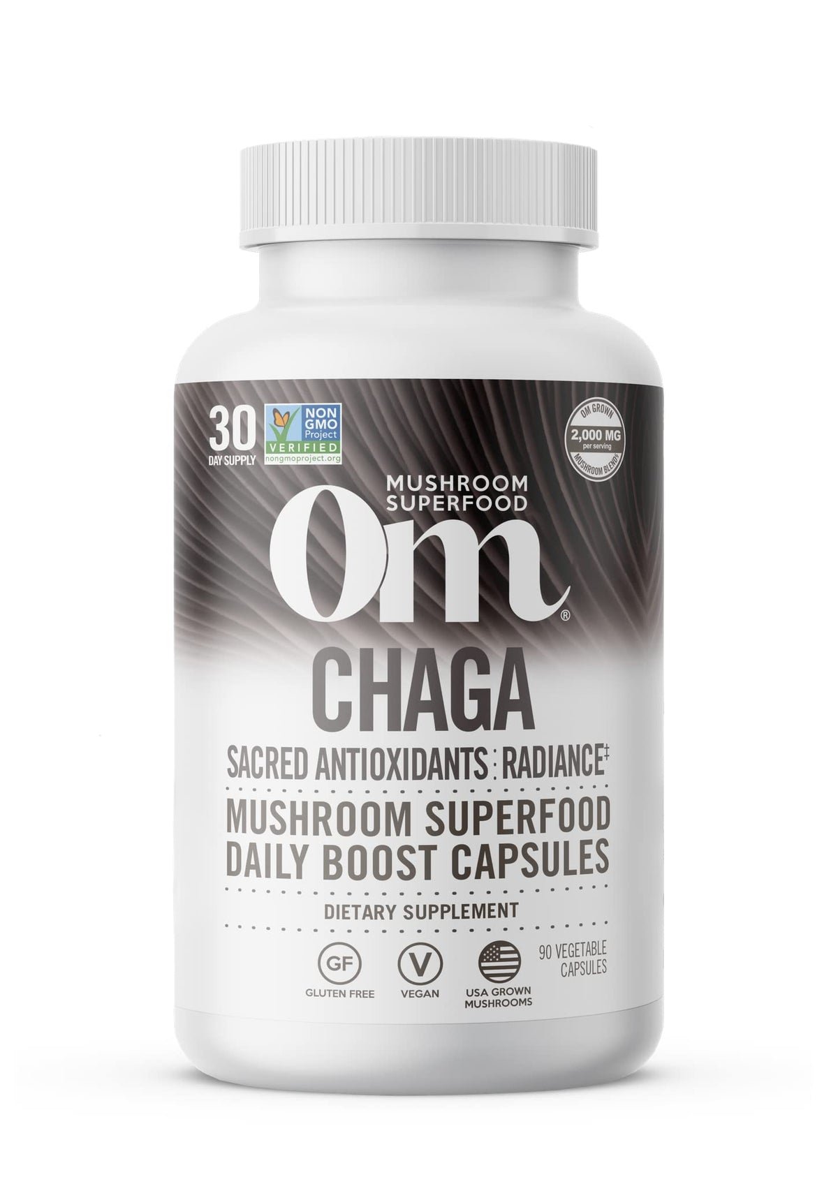 Om Mushroom Superfood chaga capsules : présentation pratique en bouteille pour l'apport antioxydant quotidien.