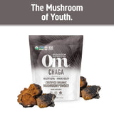Bocal bio OM MUSHROOM SUPERFOOD Chaga sur une étagère de cuisine.