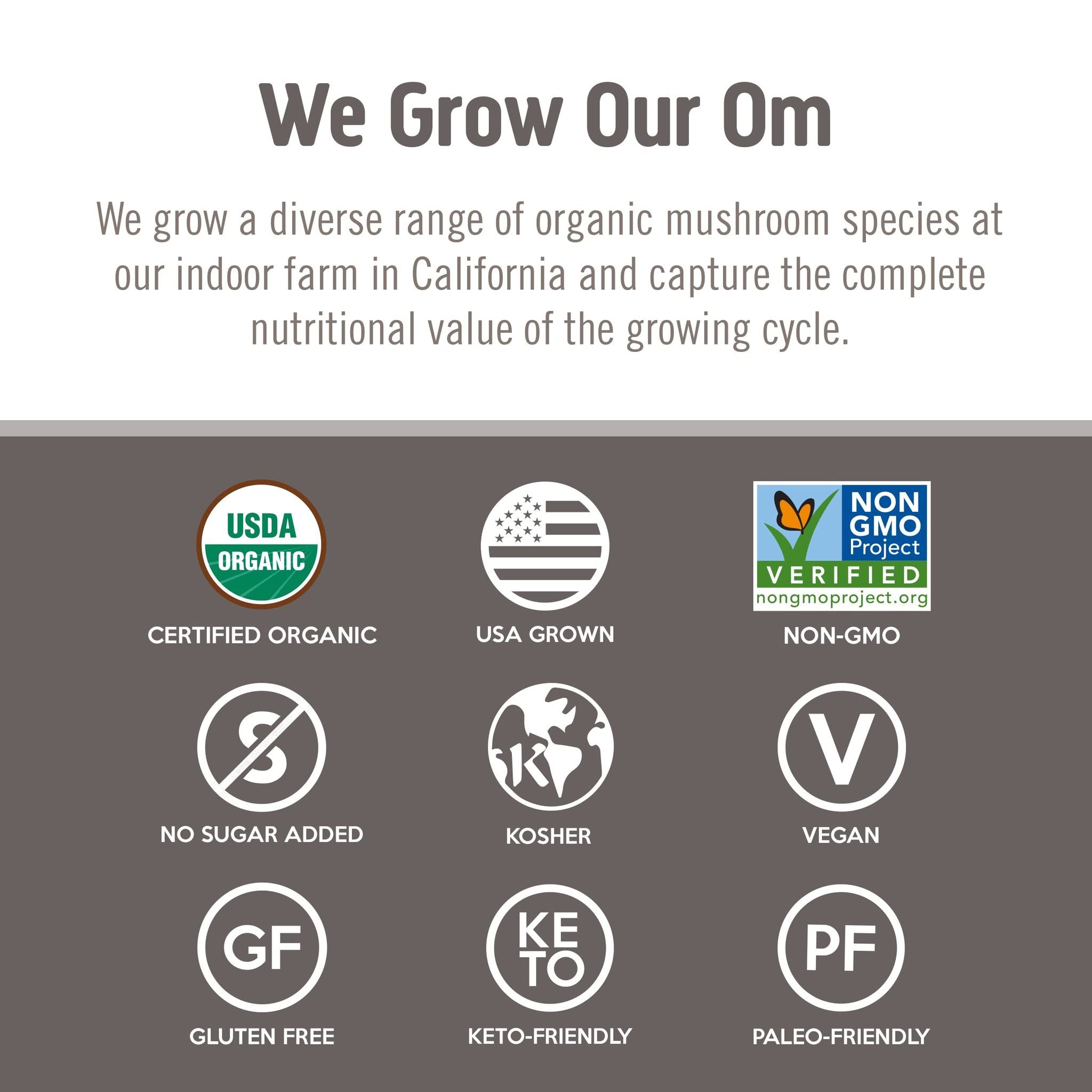 Etiquette et label bio sur l'emballage OM MUSHROOM SUPERFOOD Chaga.