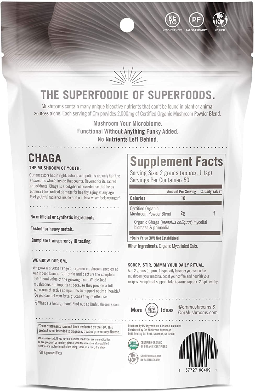 Poudre Chaga Om Mushroom Superfood cultivée en Californie, qualité US
