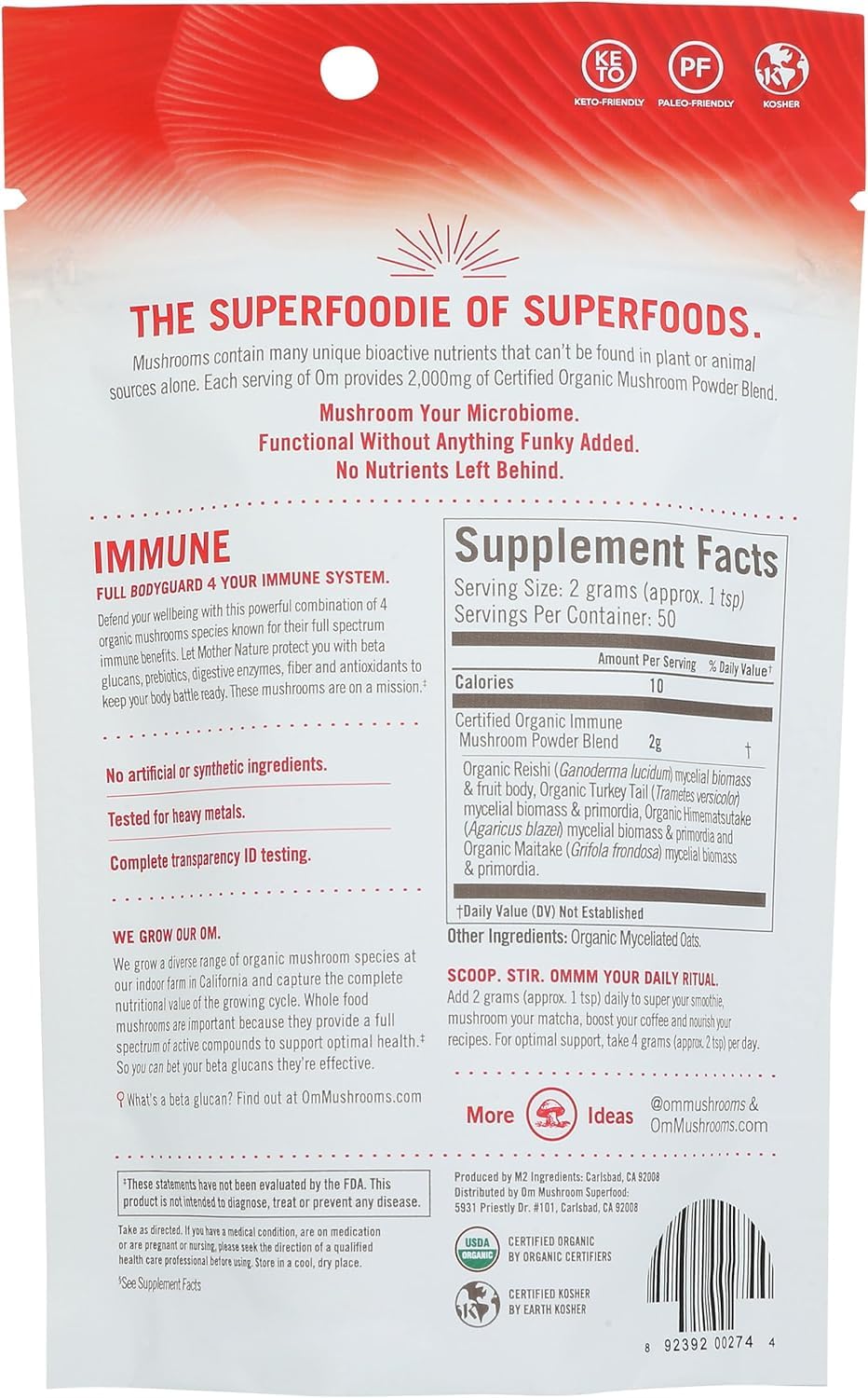 OM MUSHROOM SUPERFOOD Poudre champignons Reishi et Turkey Tail, texture fine pour smoothies.