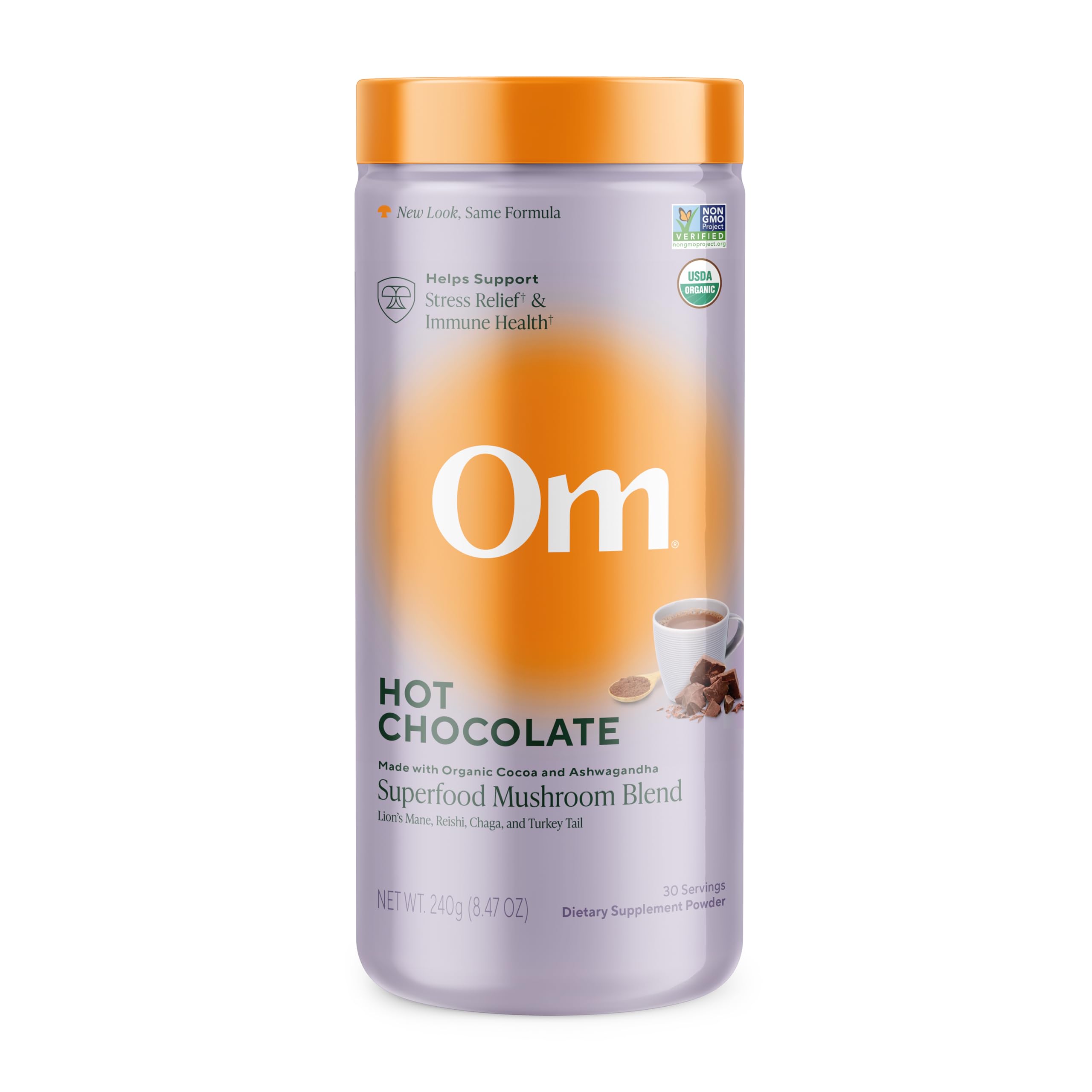 OM MUSHROOM SUPERFOOD Chocolat chaud, pot 240 g, douceur et énergie douce.