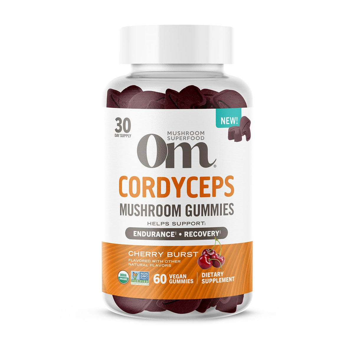 OM MUSHROOM SUPERFOOD Cordyceps bonbons gélifiés, bouteille montrant la saveur cerise et énergie potentielle