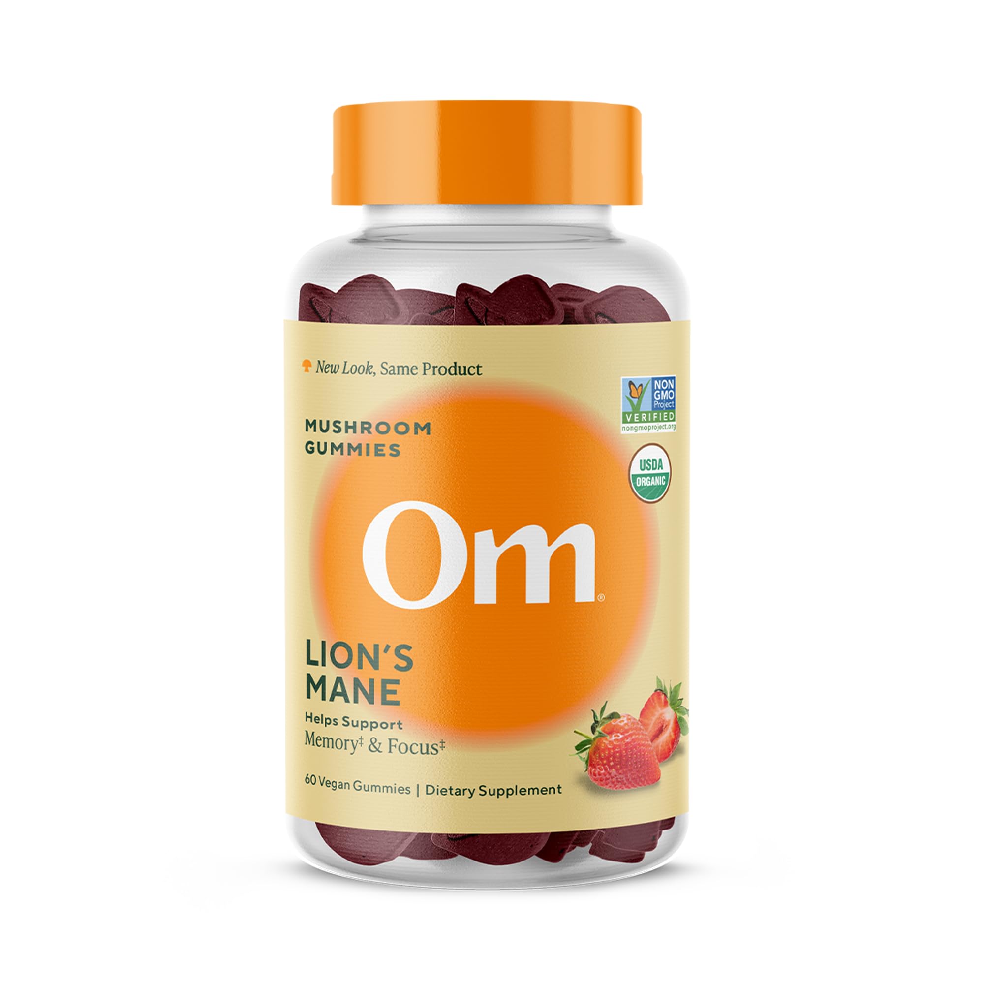 Gommes Crinière de Lion dans une bouteille OM MUSHROOM SUPERFOOD pour usage quotidien pratique.