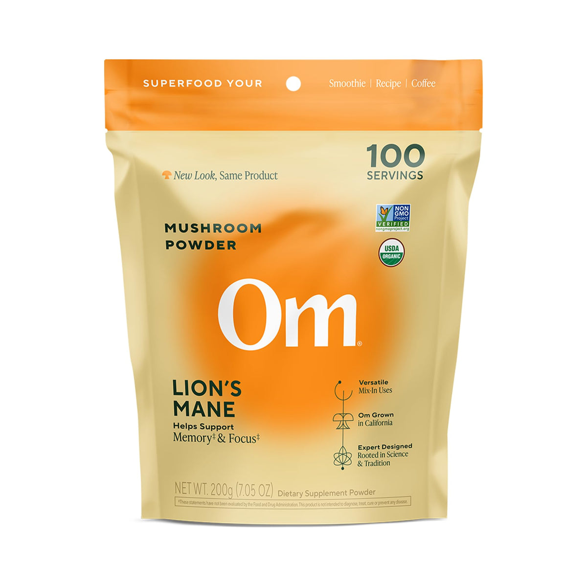 OM MUSHROOM SUPERFOOD poudre crinière de lion dans un bocal, soutien potentiel concentration