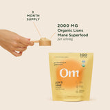 OM MUSHROOM SUPERFOOD étiquette claire sur le packaging