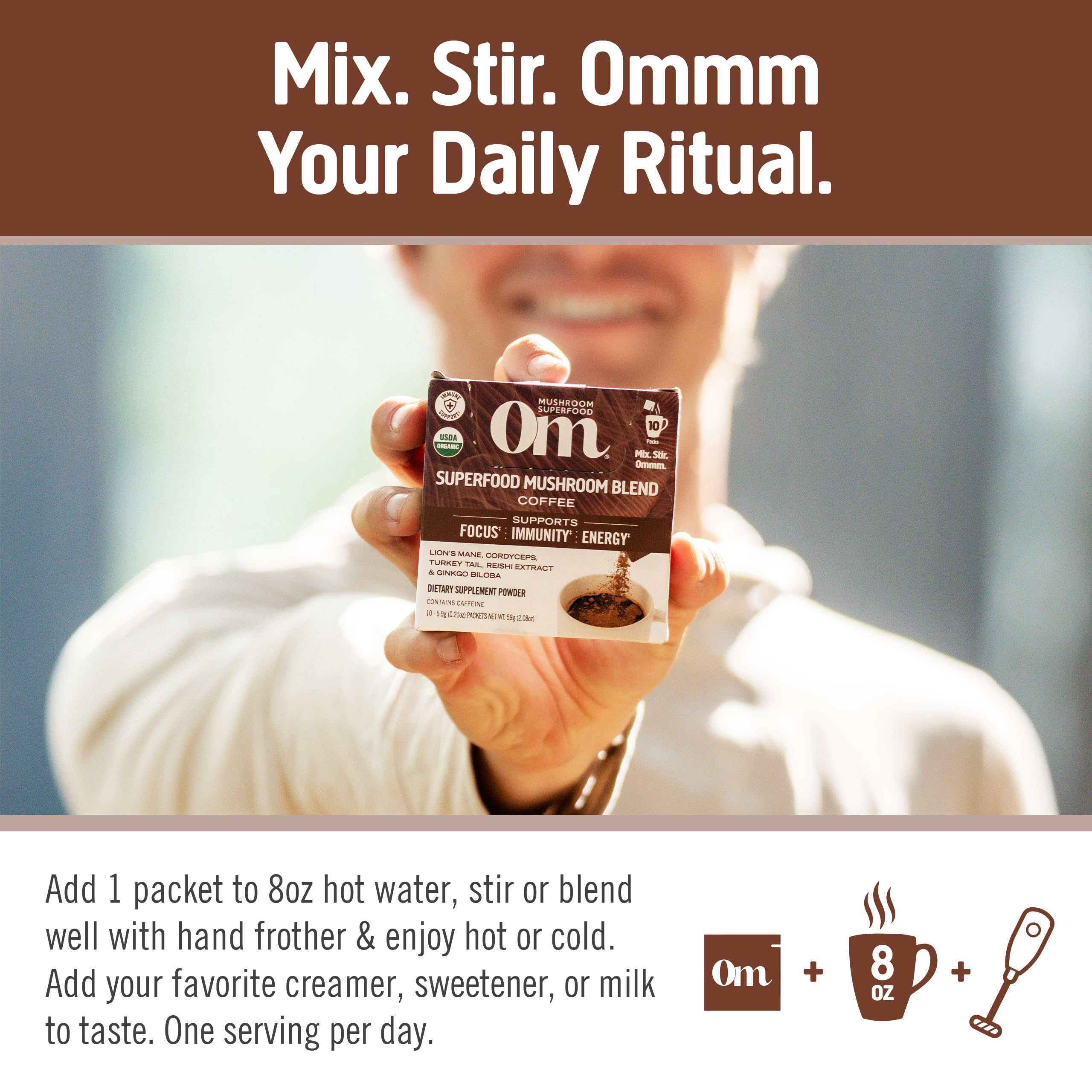 Emballage USDA Bio OM MUSHROOM SUPERFOOD, symbole de traçabilité et de qualité.