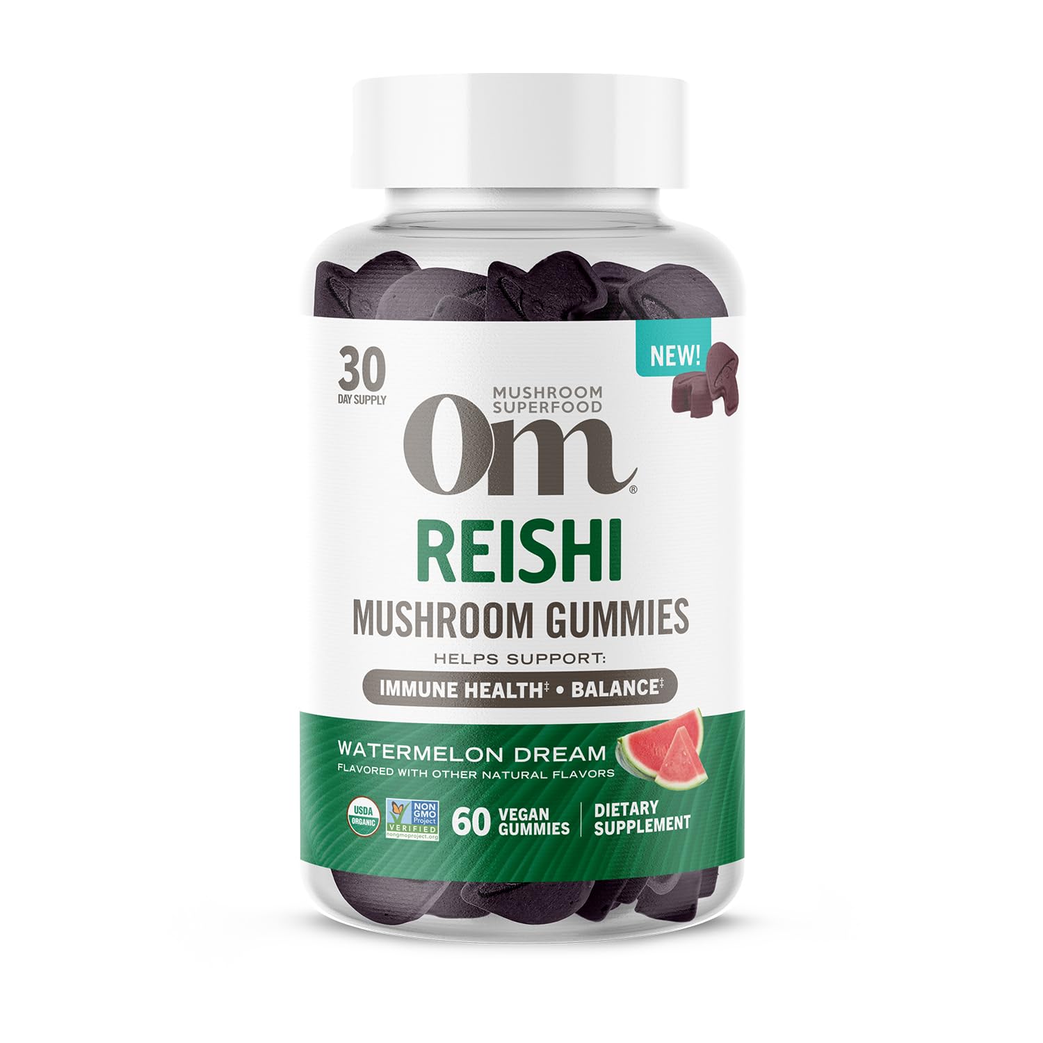 Gommes Reishi OM MUSHROOM SUPERFOOD dans une bouteille, soutien potentiel à l'équilibre quotidien.