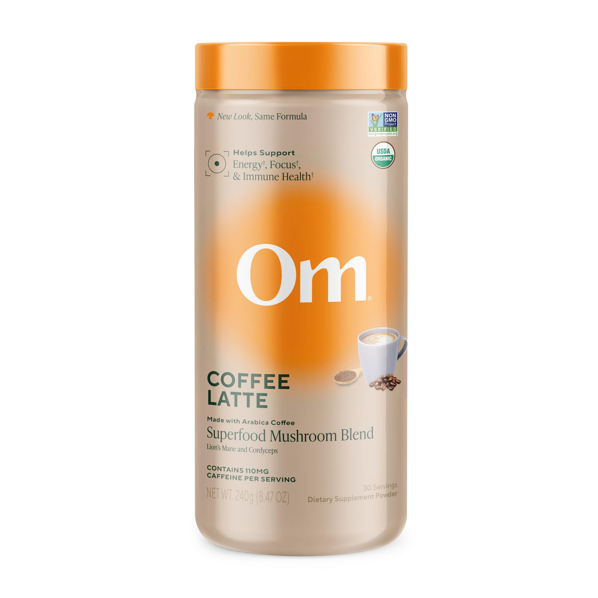 OM MUSHROOM SUPERFOOD latte café, texture riche pour énergie durable et plaisir.