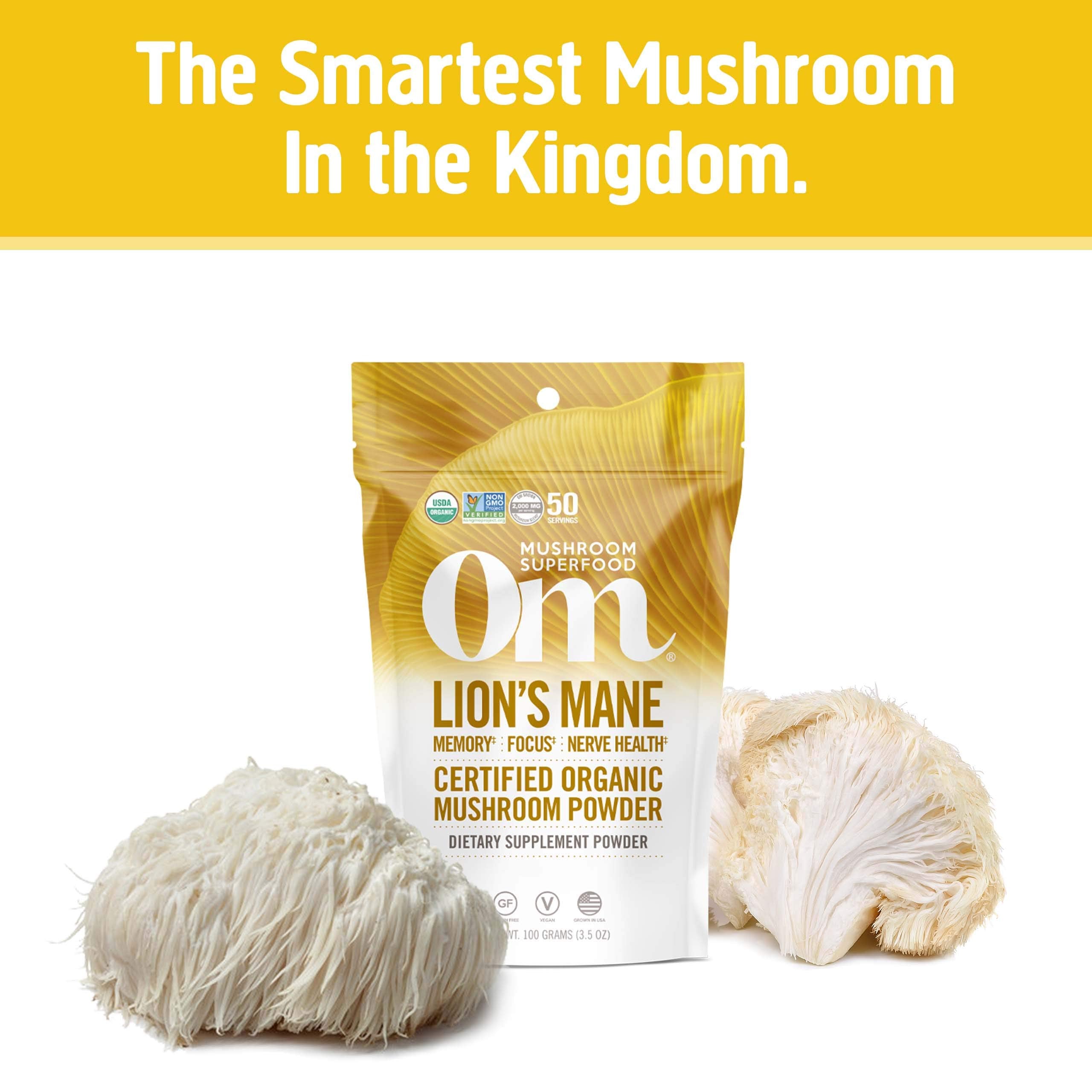 Poudre Lion's Mane biologique d’OM MUSHROOM SUPERFOOD pour énergie mentale