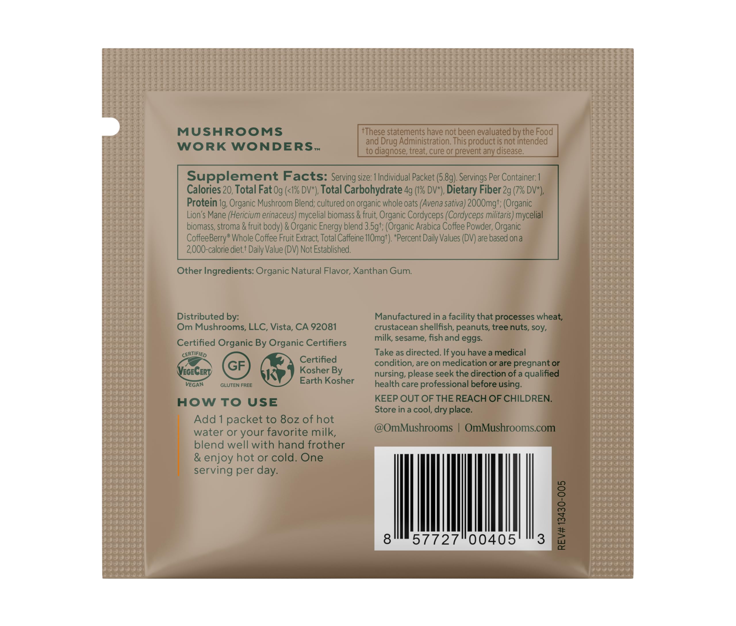 Mélange de champignons bio et Arabica, image montrant les ingrédients et l’éthique OM.