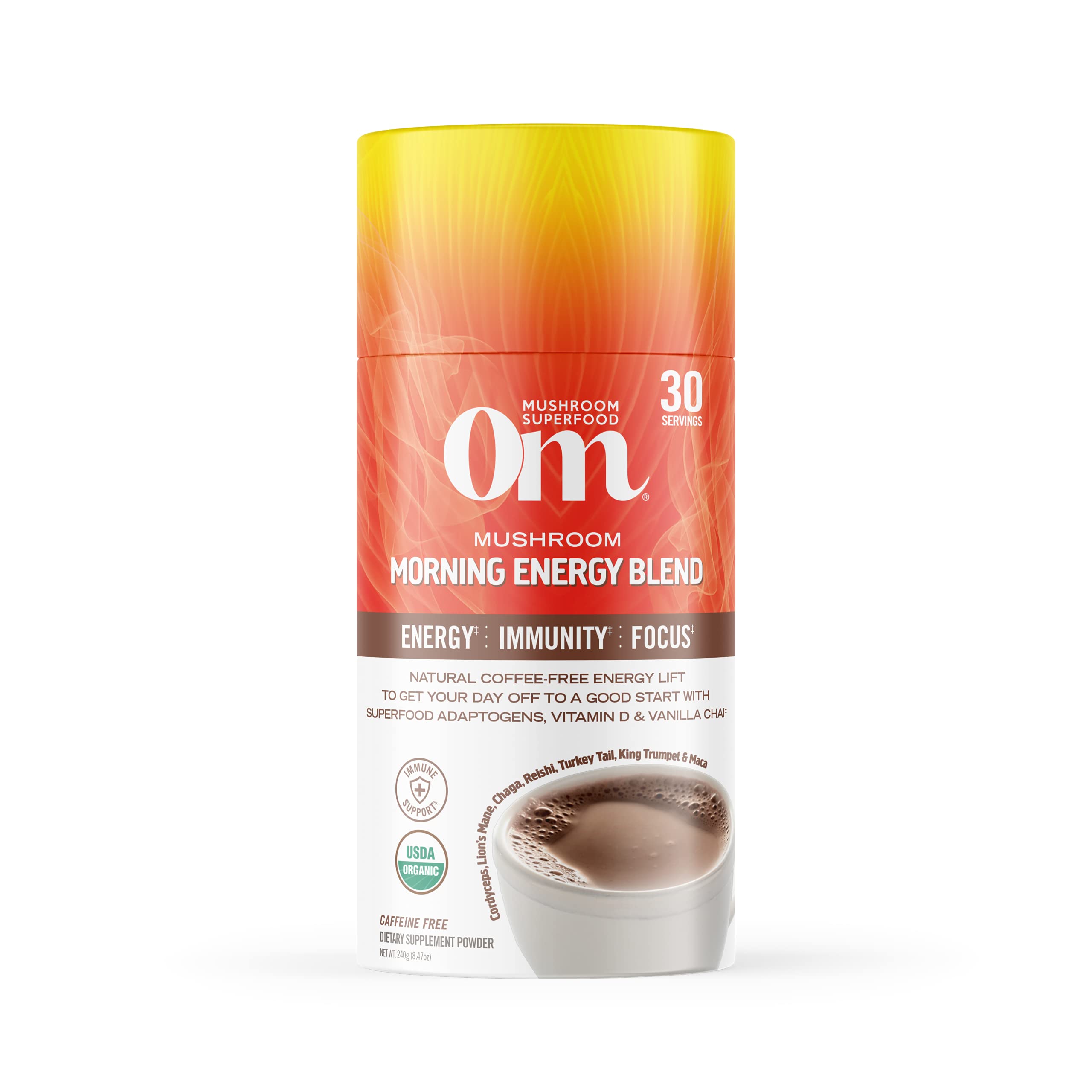 OM MUSHROOM SUPERFOOD Mélange Énergie du Matin: poudre chaude pour énergie durable.