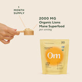 OM MUSHROOM SUPERFOOD poudre crinière de lion étiquette claire affichant 50 portions.