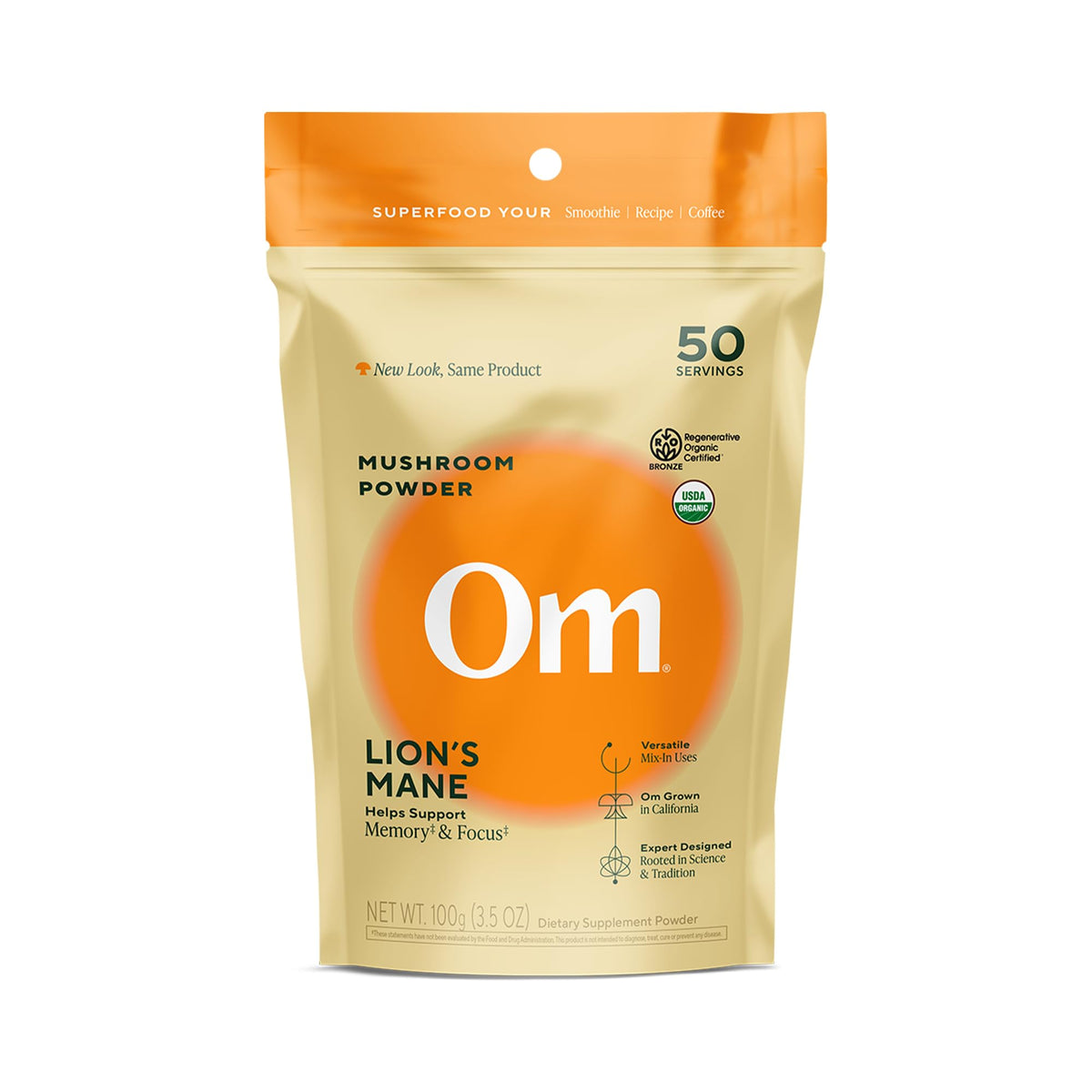 OM MUSHROOM SUPERFOOD poudre crinière de lion dans pot, soutien mémoire et concentration.