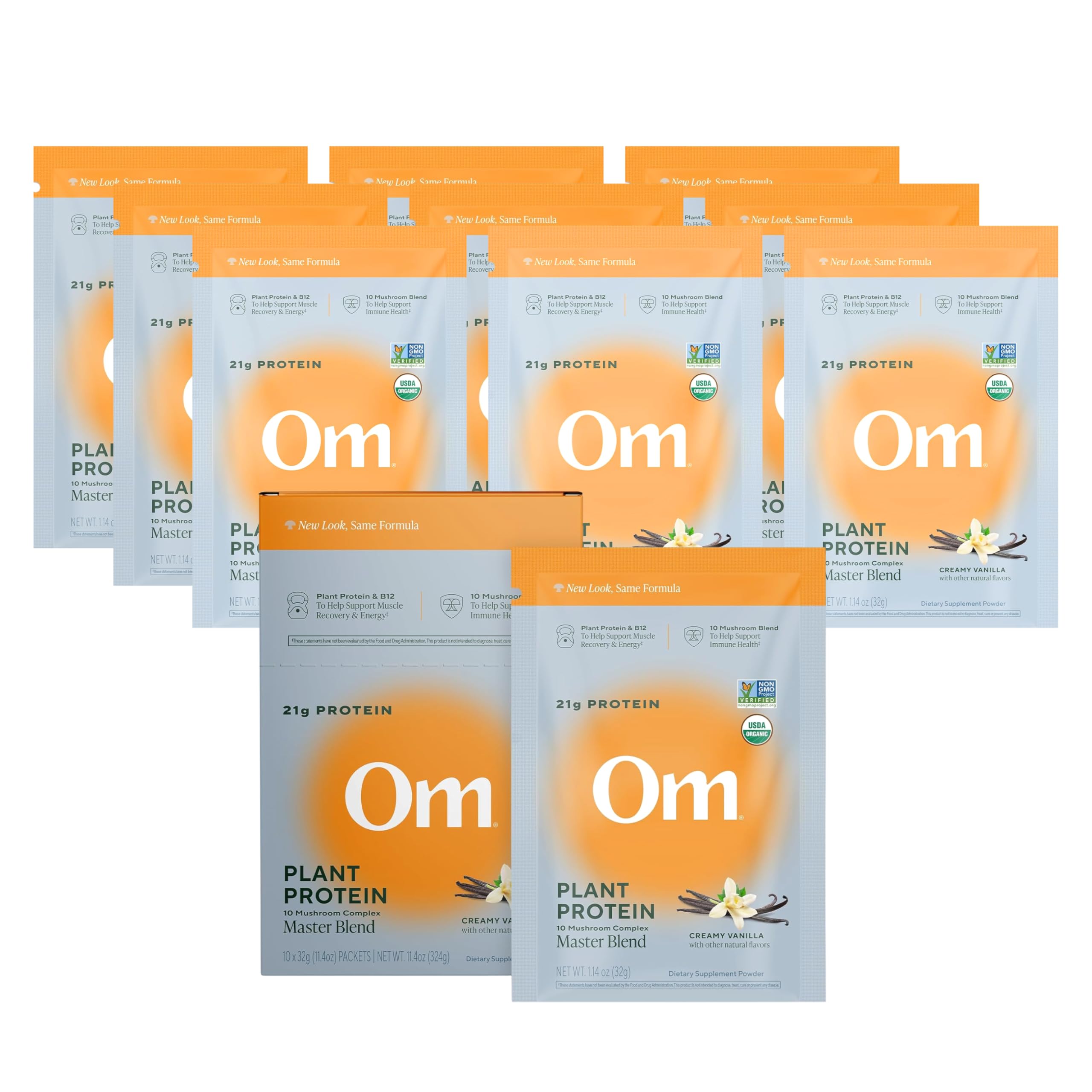 OM MUSHROOM SUPERFOOD Master Blend vanille en sachet, protéine végétale pratique pour le quotidien.
