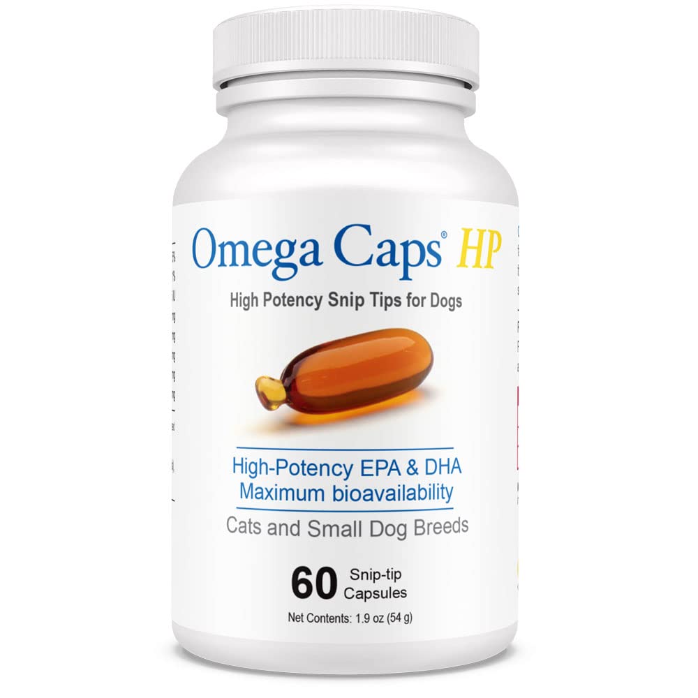 Omega Caps ES: bouteille montrant le complément riche en EPA et DHA, pour la peau et le pelage.
