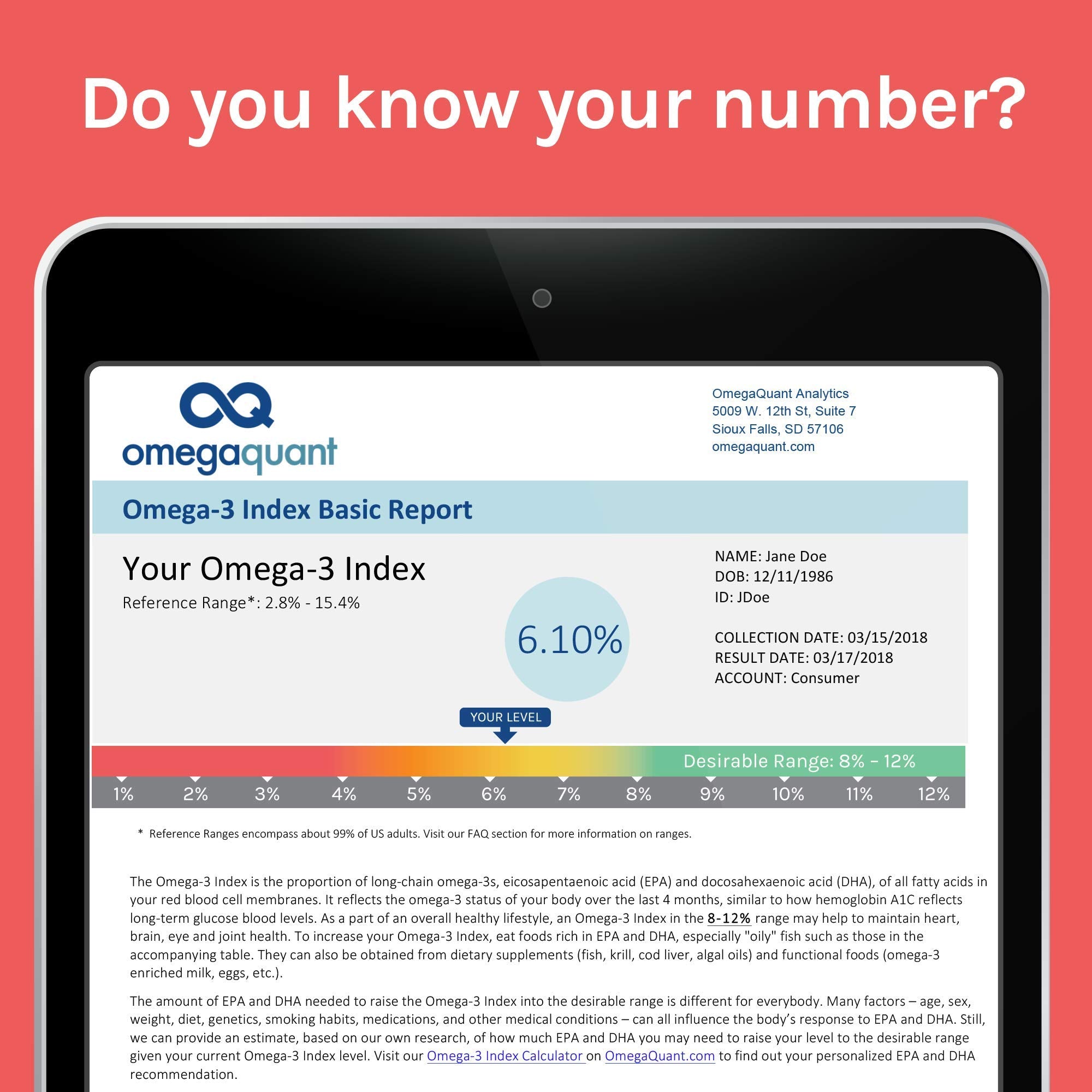 OmegaQuant interface utilisateur affiche clairement les niveaux d'oméga-3.