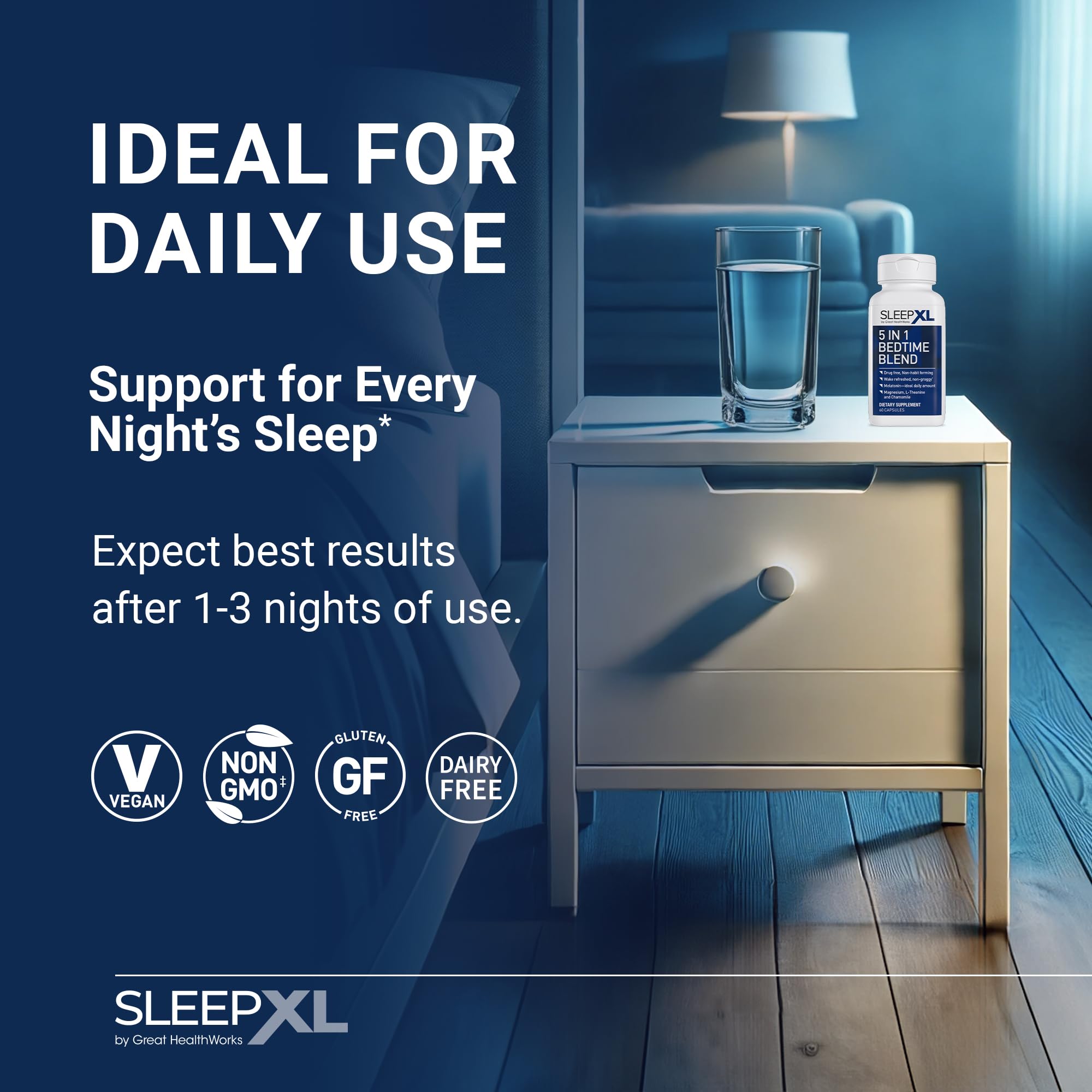 OmegaXL SleepXL : table de nuit avec le produit prêt pour le rituel nocturne.