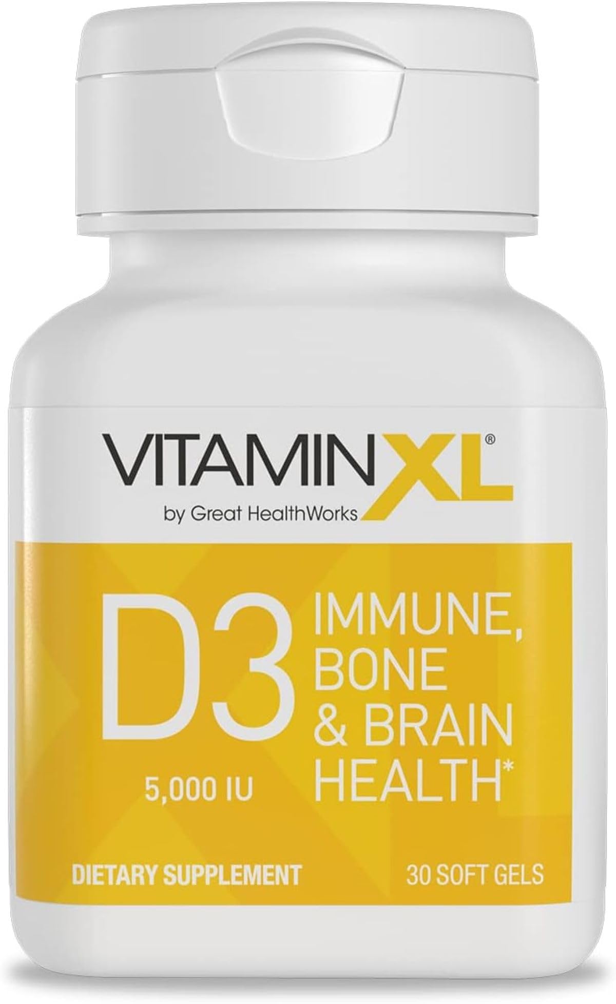 OmegaXL VitaminXL D3, bouteille softgels, soutien immunitaire potentiel au quotidien.
