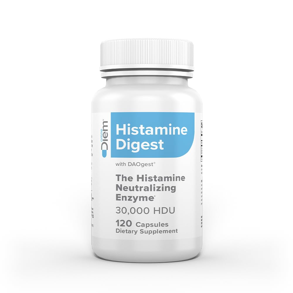 Omne Diem Histamine Digest DAO: bouteille et gélules, soutien potentiel après repas riches en histamine.