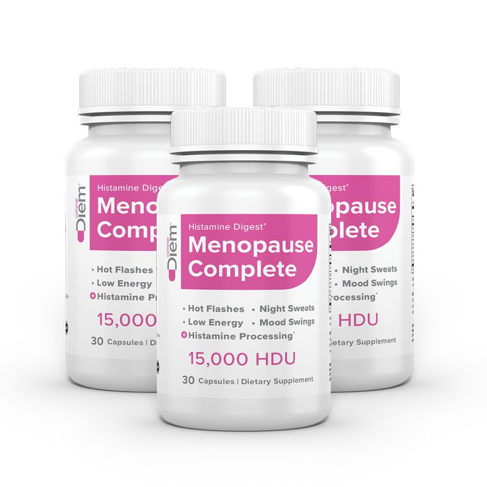 Omne Diem Menopause Complete - bouteille, soutien hormonal potentiel et atténuation des bouffées de chaleur.