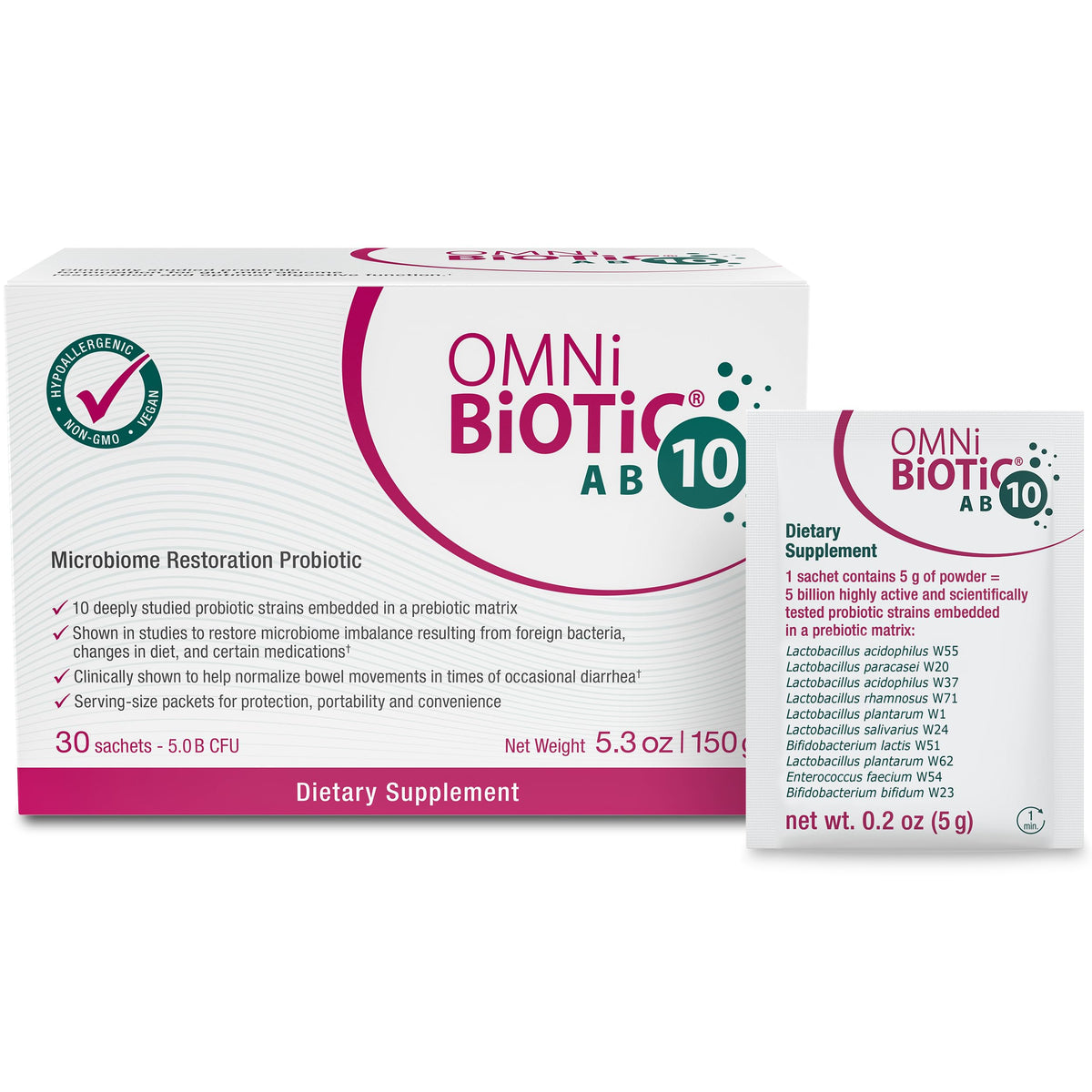 OMNi BiOTiC AB 10 – Bouteille et versement, soutien potentiel à la digestion.