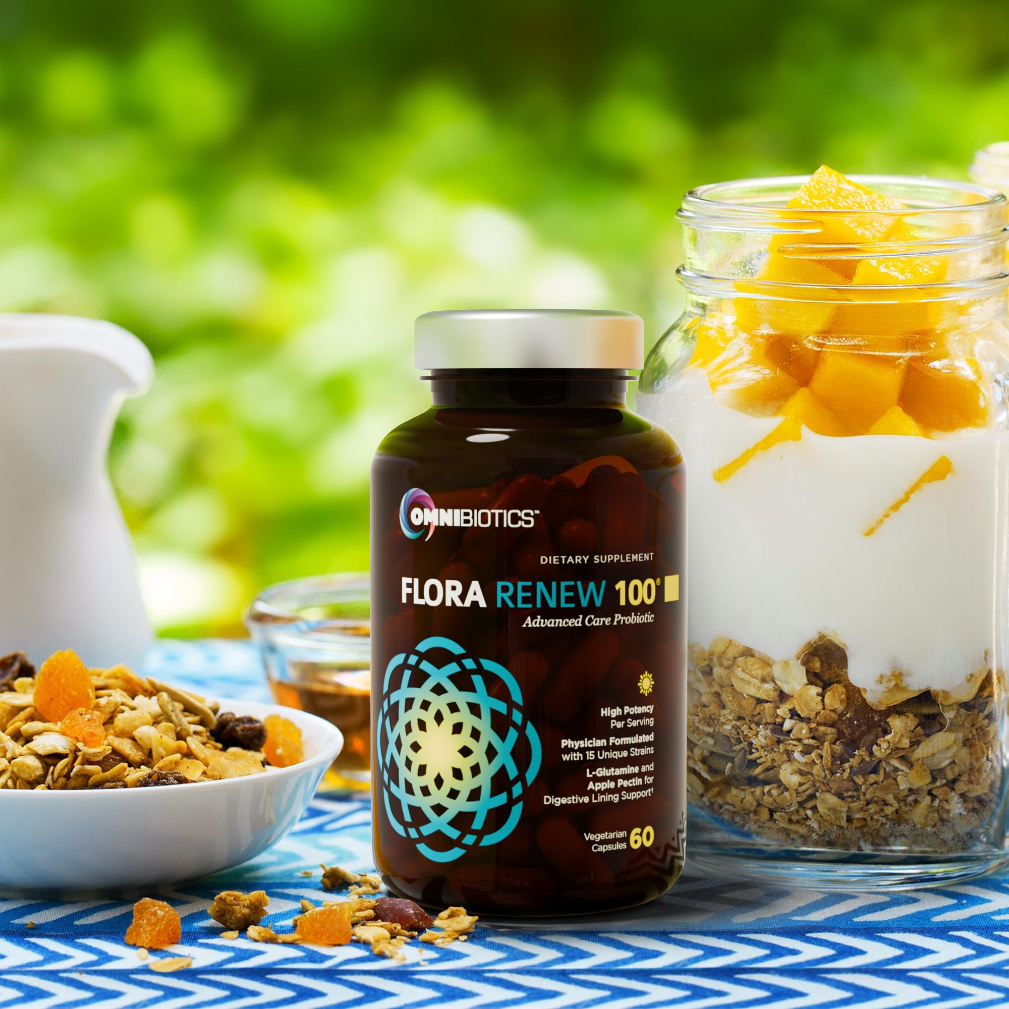 Emballage stable sur étagère OmniBiotics pour une conservation pratique.