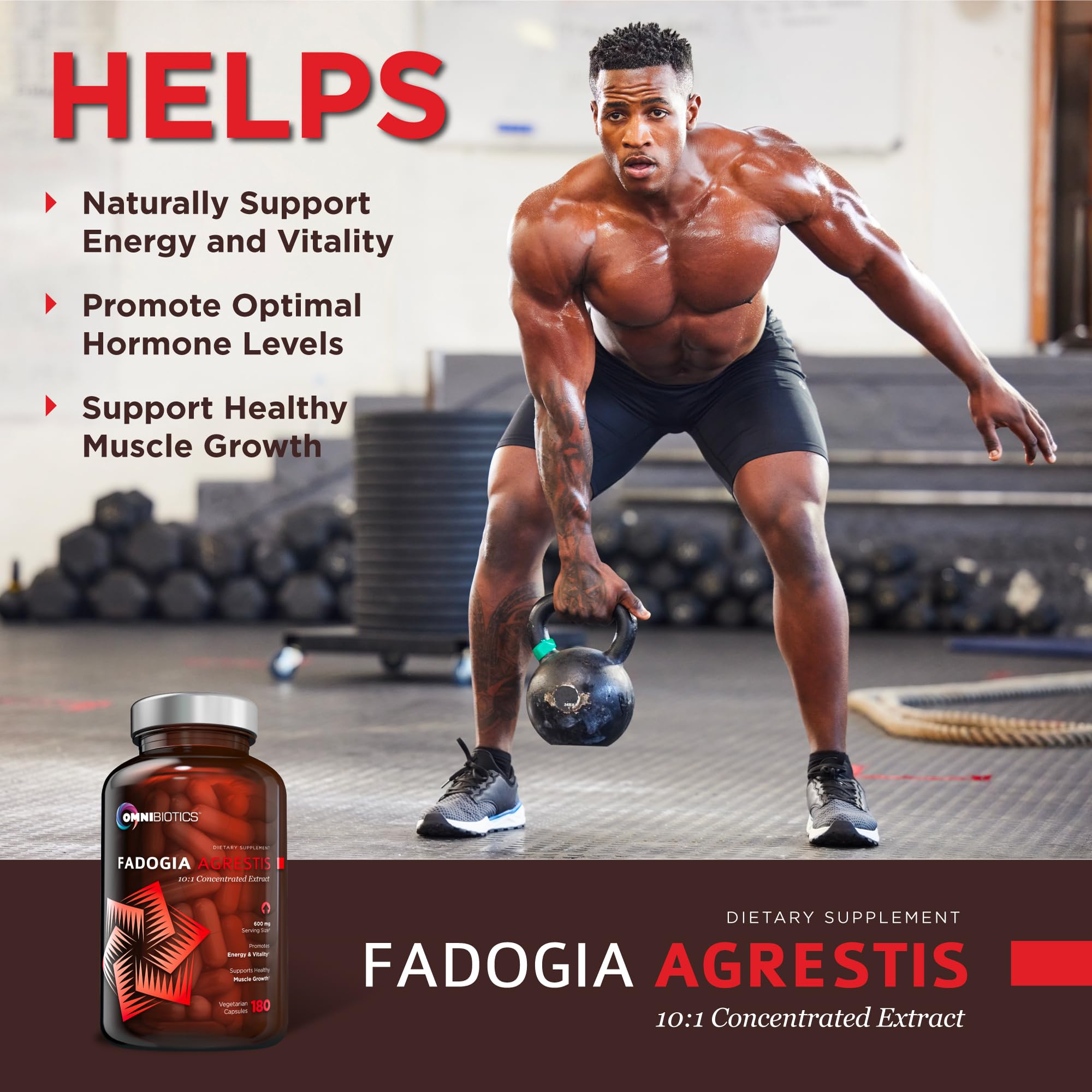 OmniBiotics Fadogia Agrestis - étiquette sur le flacon, qualité naturelle et composition sans allergènes.