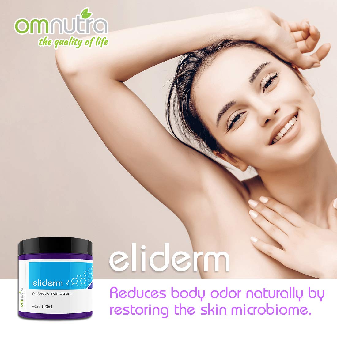 Texture soyeuse de la crème probiotique OmNutra pour le visage.