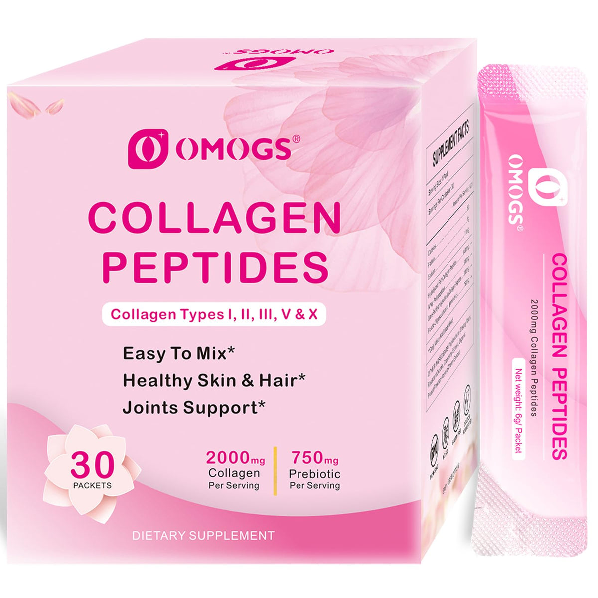 OMOGS collagène poudre versée dans un verre, soutient peau et cheveux grâce au collagène et vitamine C