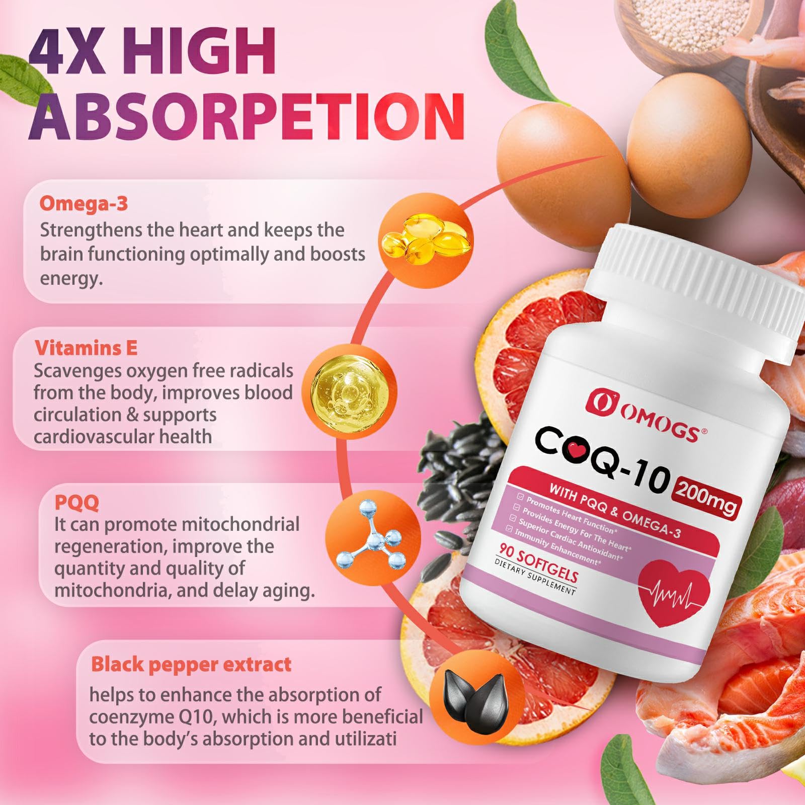 OMOGS CoQ10, emballage pratique avec gélules, soutien quotidien.
